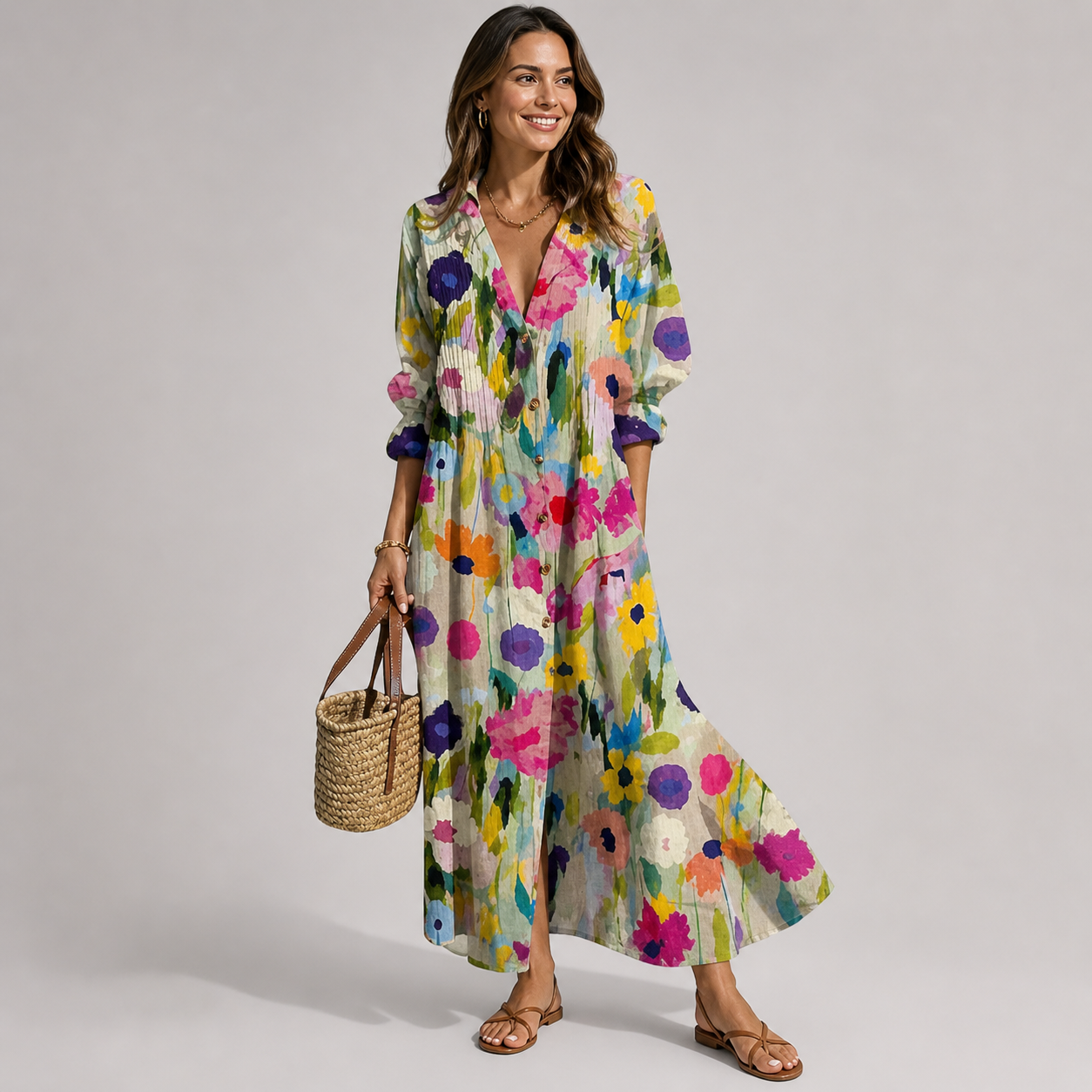 Women's Bohemian Printed Button-Front Maxi Dress