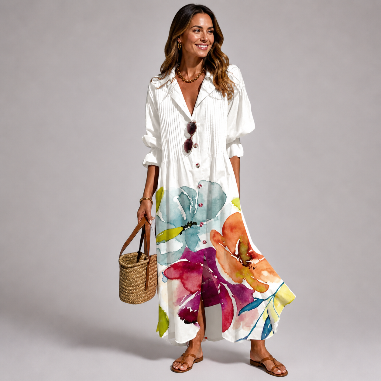 Women's Bohemian Printed Button-Front Maxi Dress