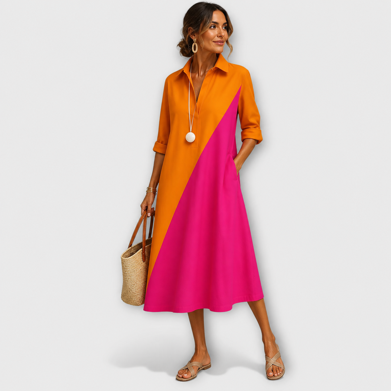 Women's Colorblock Collared Midi Dress