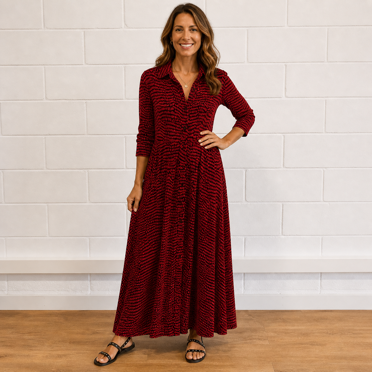 Women's Printed Button-Front Maxi Dress with Long Sleeves