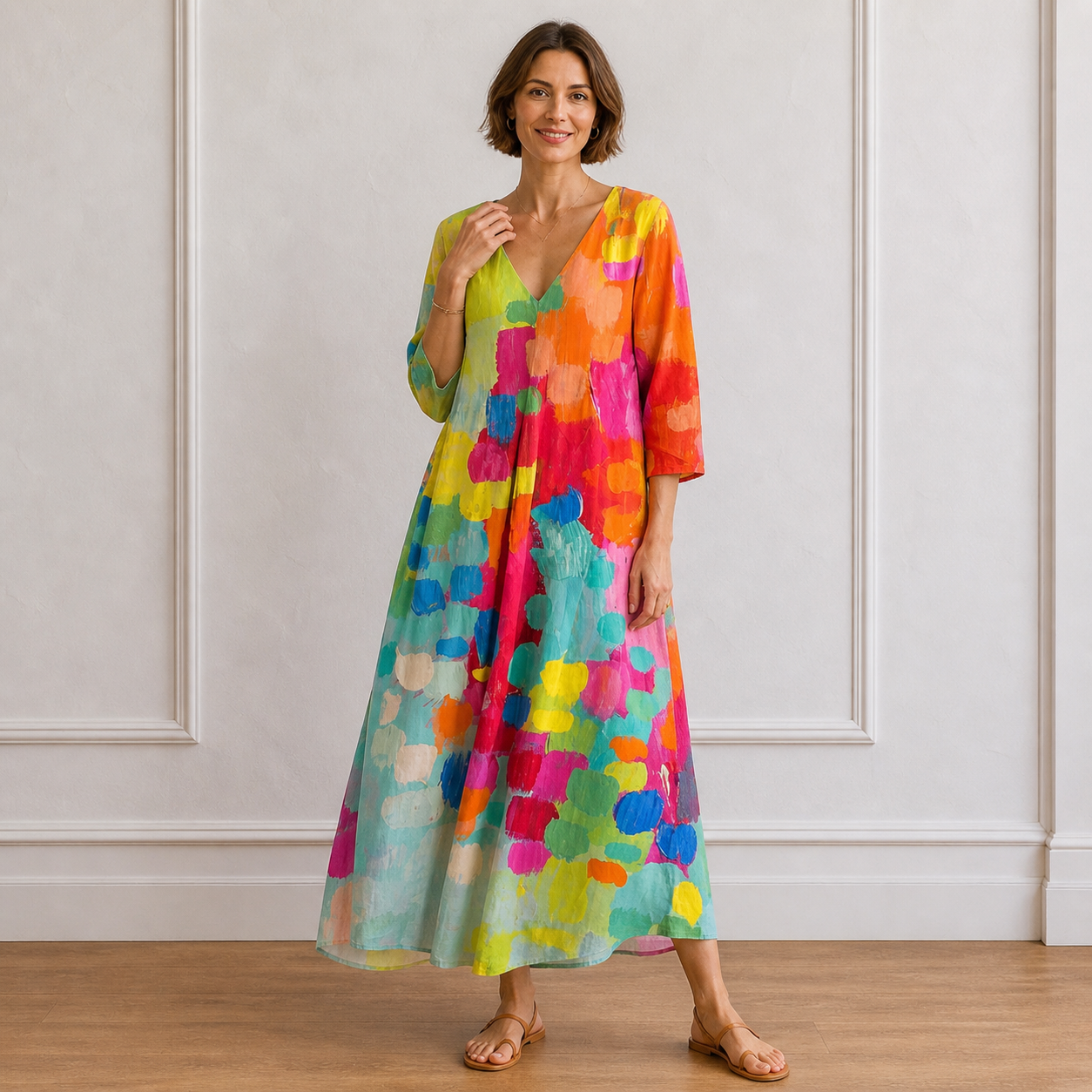 Women's Vibrant Abstract Print V-Neck Midi Dress