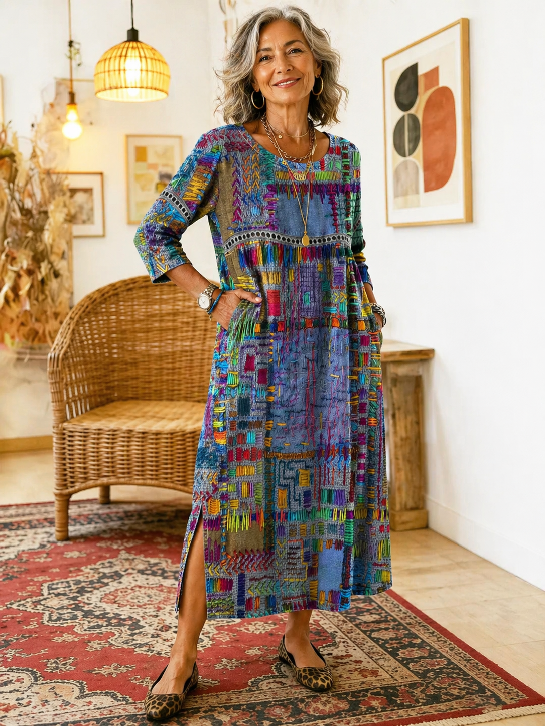 Robe midi bohème patchwork pour femme