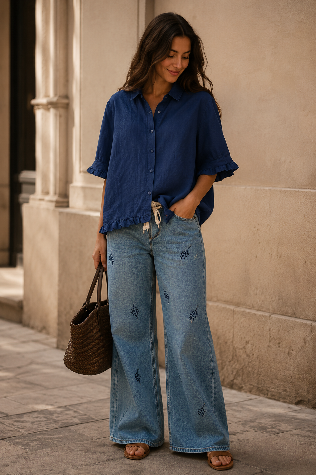 Women's Ruffled Short Sleeve Button-Up Shirt