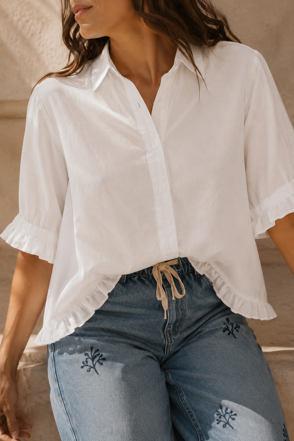 Women's Ruffled Short Sleeve Button-Up Shirt
