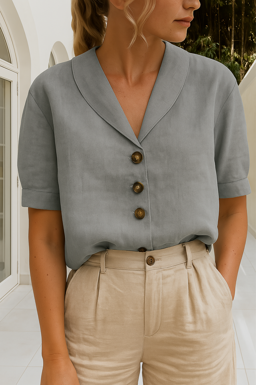 Blouse femme col en V avec détails boutons et manches courtes