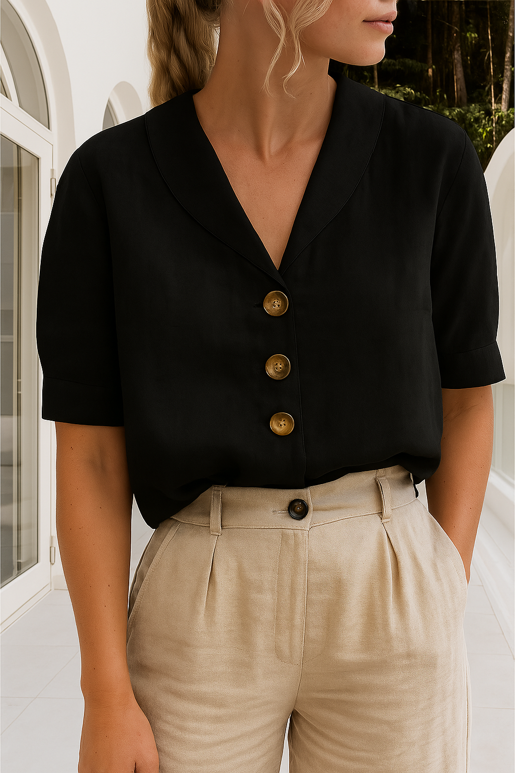Blouse femme col en V avec détails boutons et manches courtes