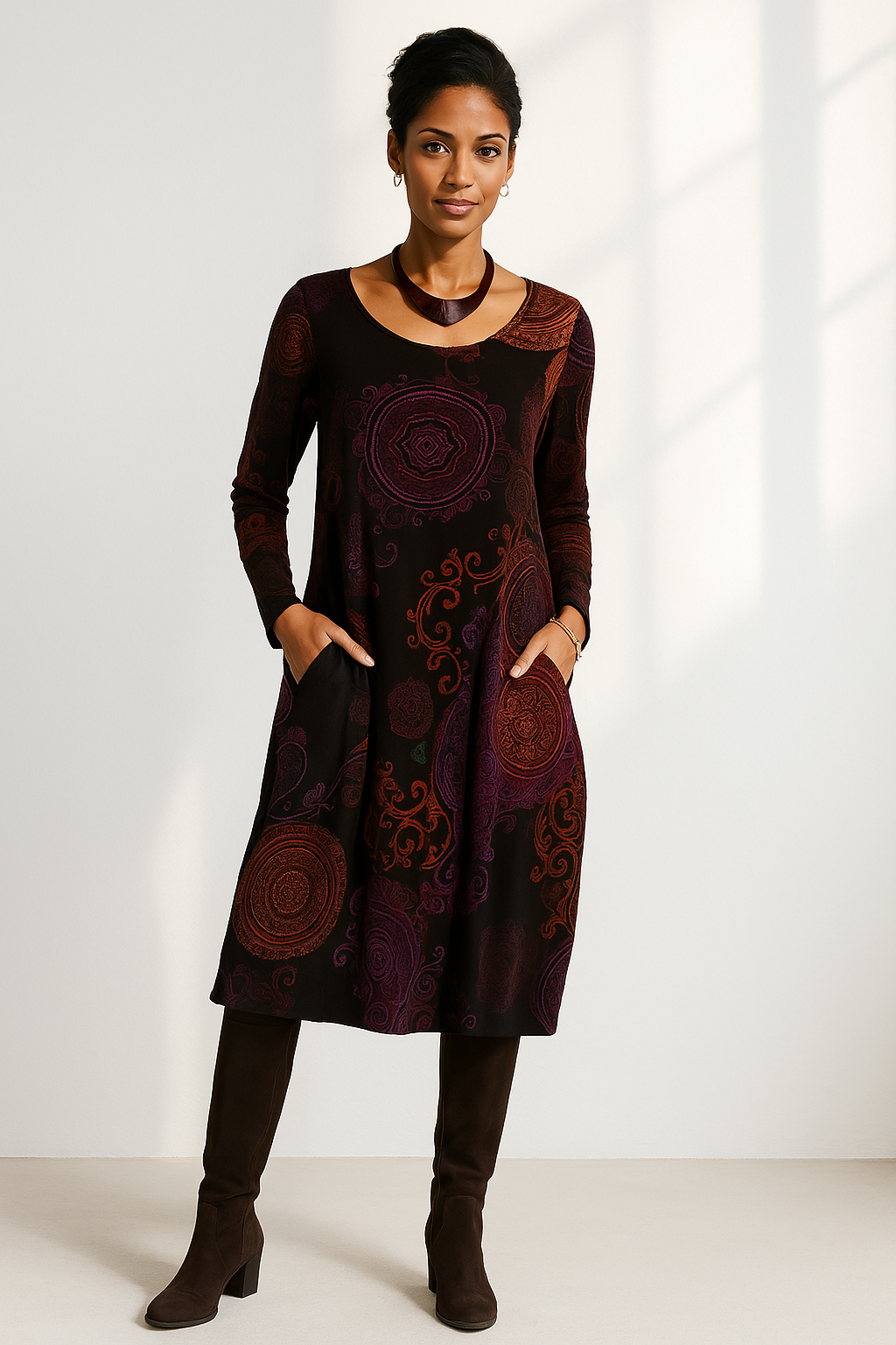 Robe midi bohème à manches longues imprimée floralement