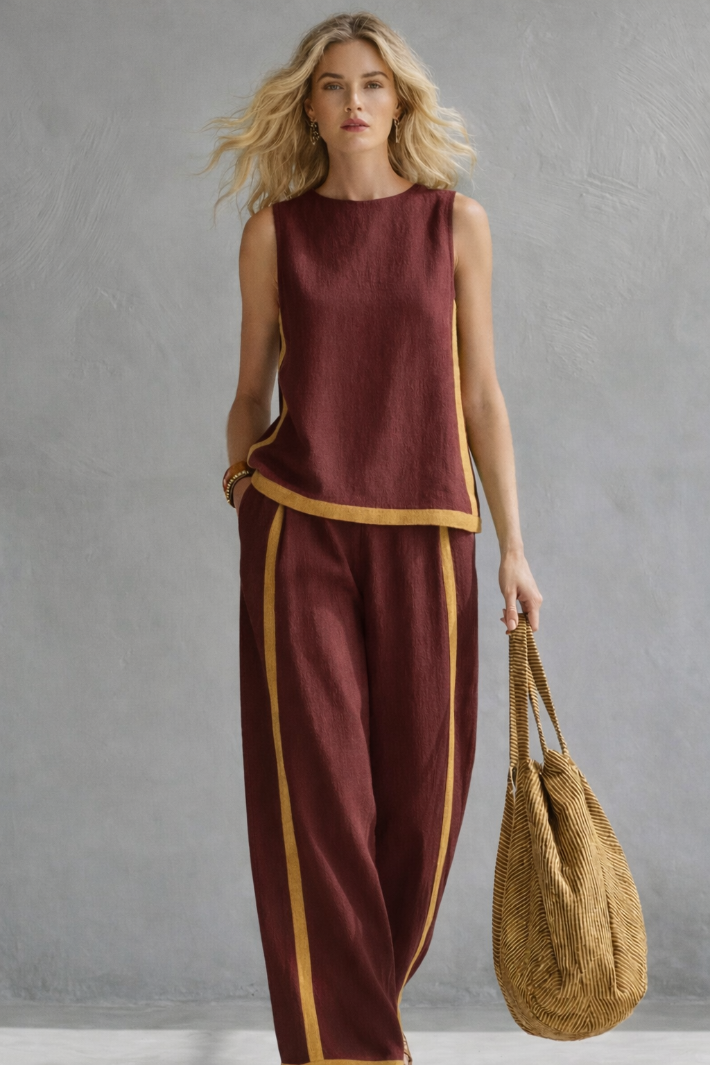 Completo donna con top senza maniche a girocollo e pantaloni a gamba larga