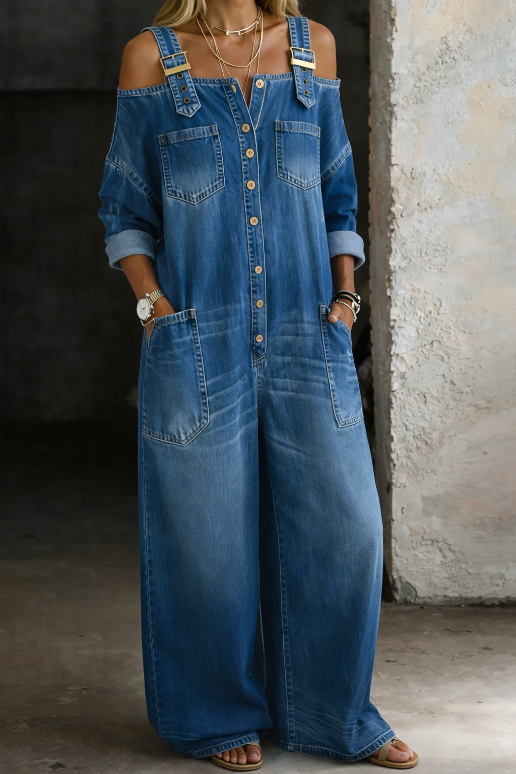 Women's Denim Jumpsuit with Off-Shoulder Cut