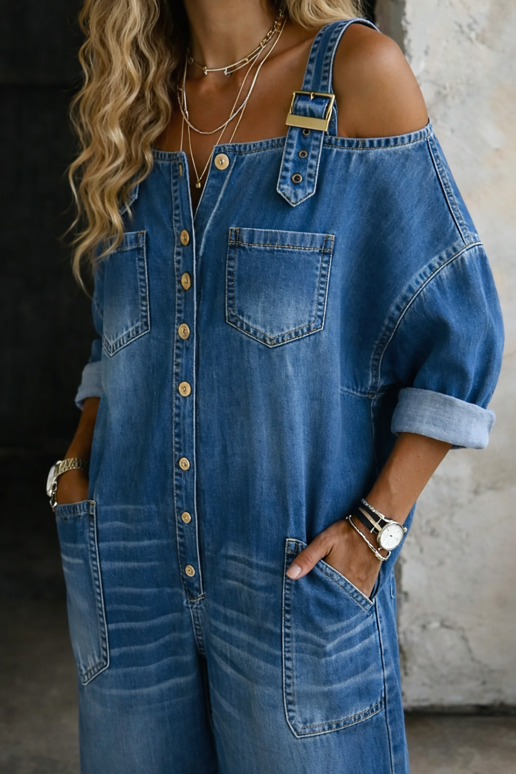 Women's Denim Jumpsuit with Off-Shoulder Cut