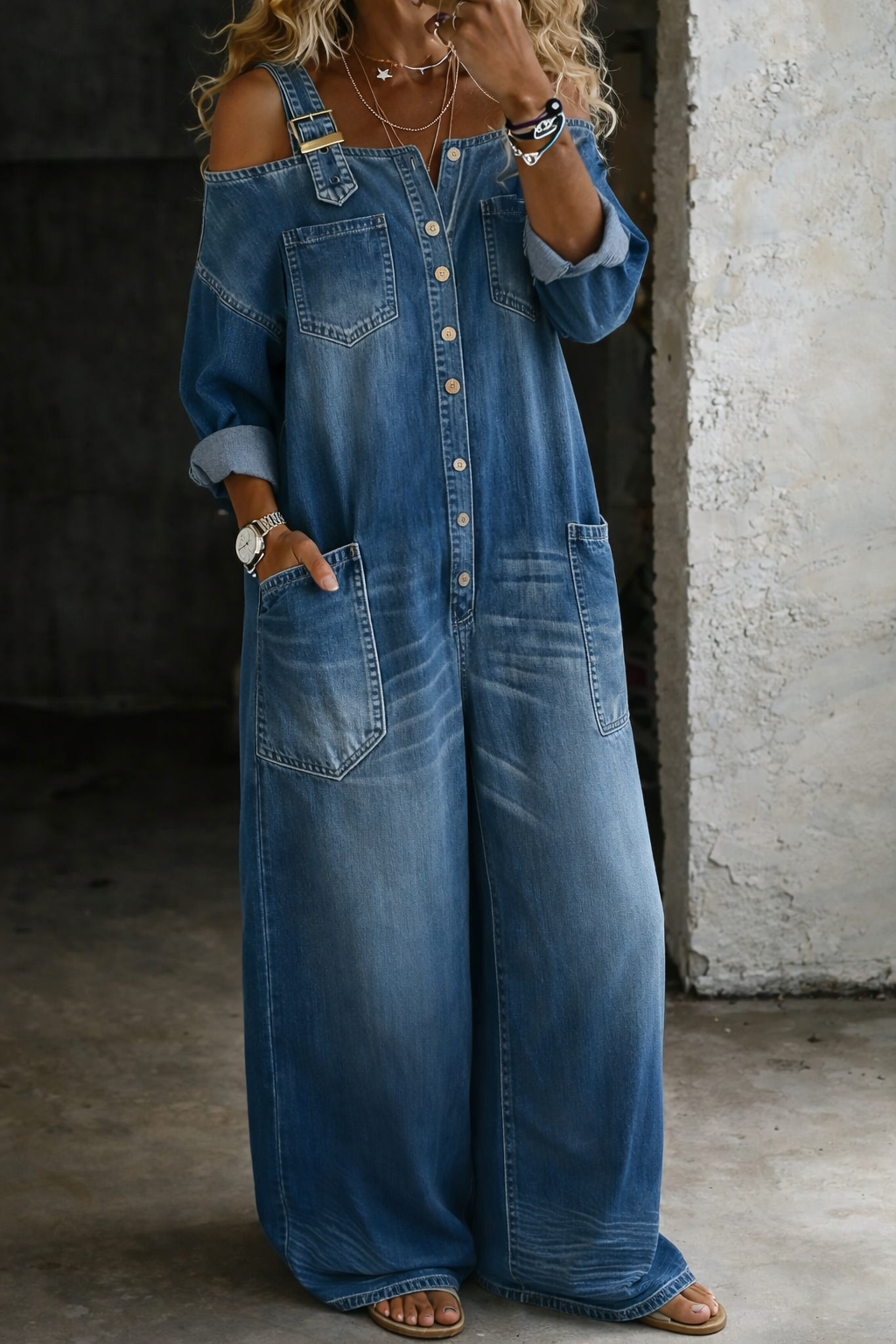 Women's Denim Jumpsuit with Off-Shoulder Cut
