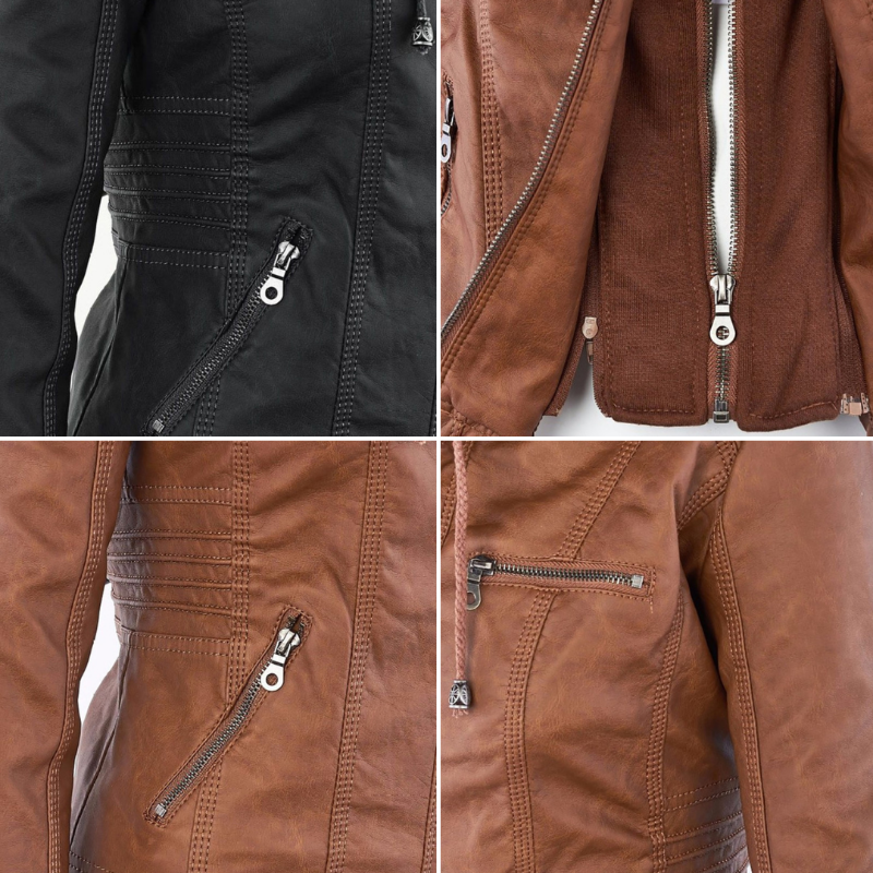 Giacca in pelle con cappuccio da donna con zip asimmetrica