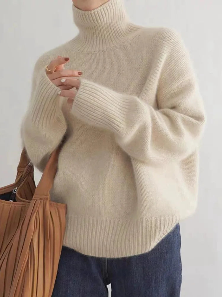 Pull ample à col roulé pour femme, coupe décontractée