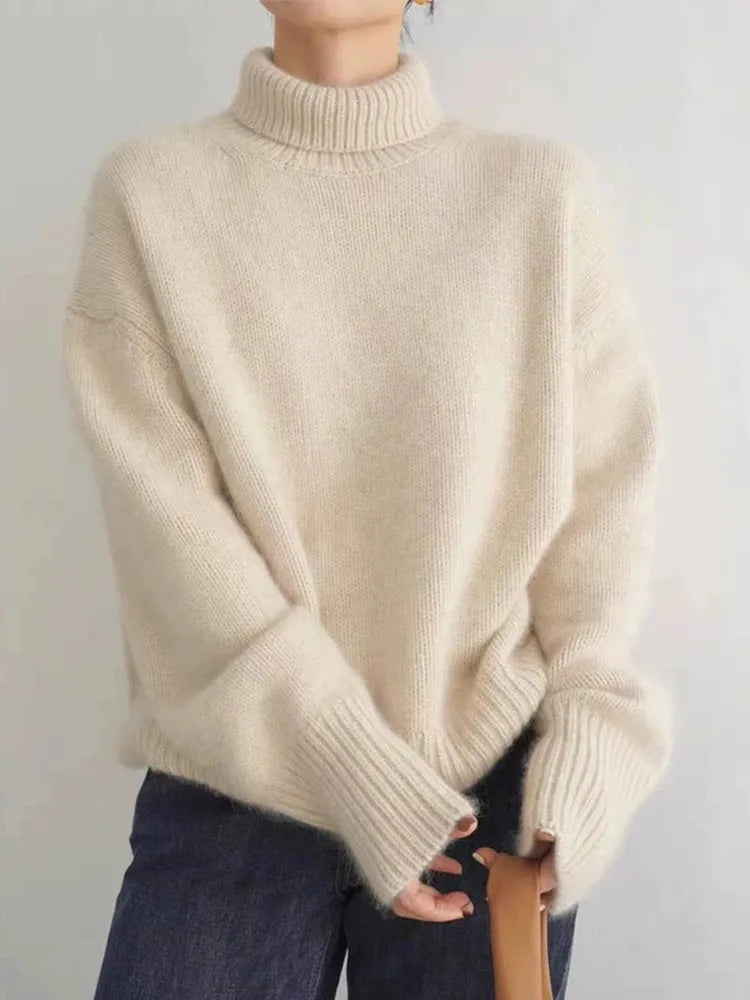 Pull ample à col roulé pour femme, coupe décontractée