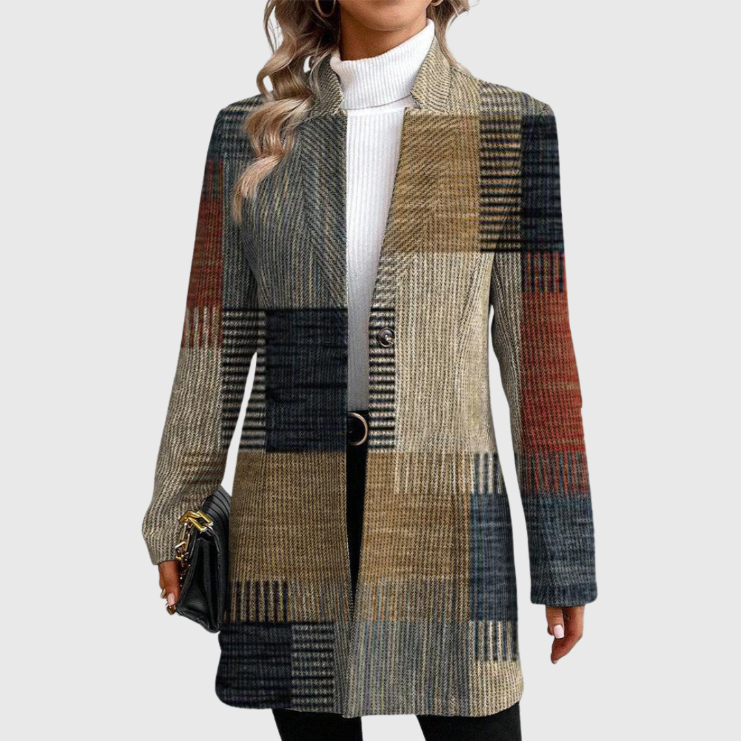 Μακρύ γυναικείο παλτό με καρό μοτίβο patchwork