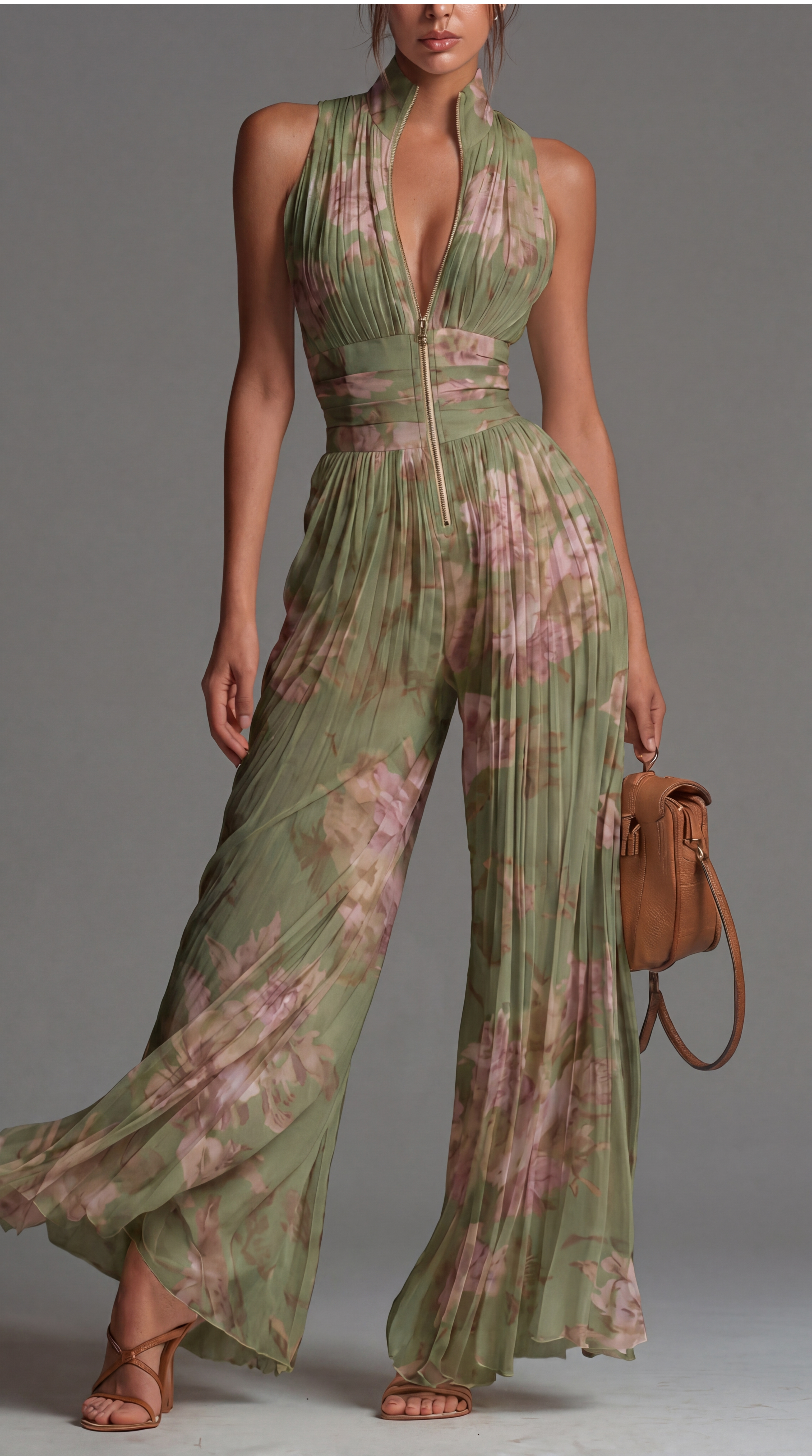 Women's Floral Pleated Halter Neck Wide-Leg Jumpsuit