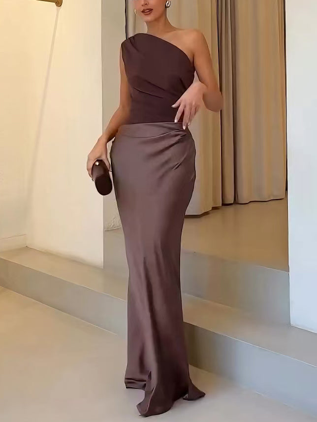 One Shoulder Pleated Maxi Dress for Women Formal Party