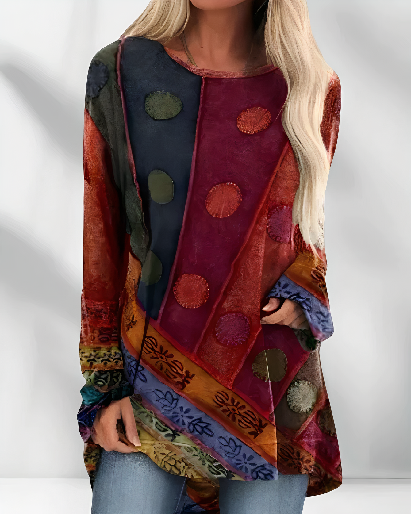 Tunique à manches longues pour femme avec imprimé patchwork bohème