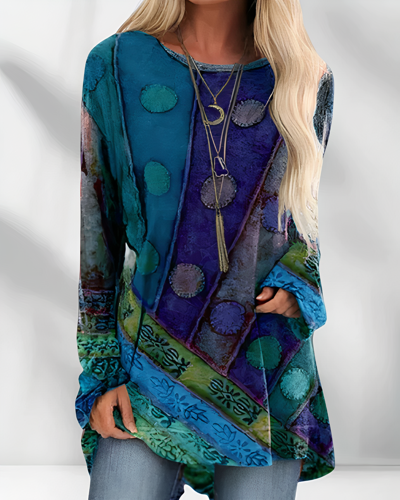 Tunique à manches longues pour femme avec imprimé patchwork bohème