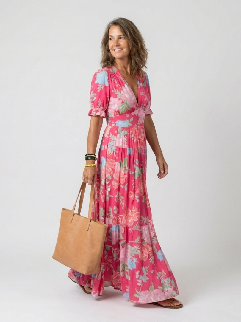 Robe maxi fleurie à col en V pour femme