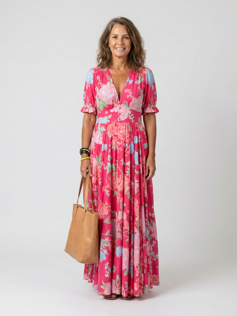 Robe maxi fleurie à col en V pour femme