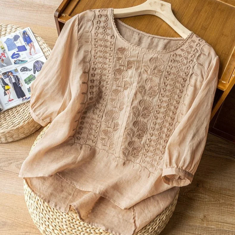 Women's Vintage Embroidered Blouse with Sheer Puff Sleeves