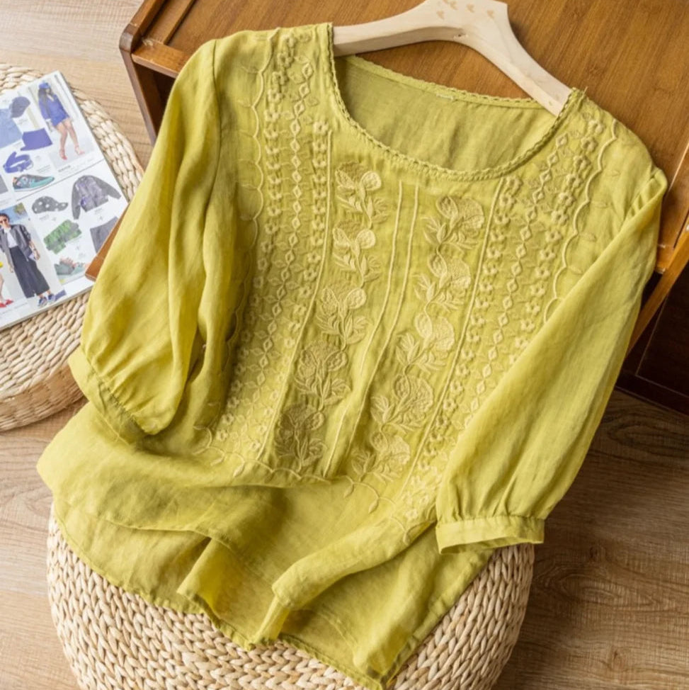 Women's Vintage Embroidered Blouse with Sheer Puff Sleeves