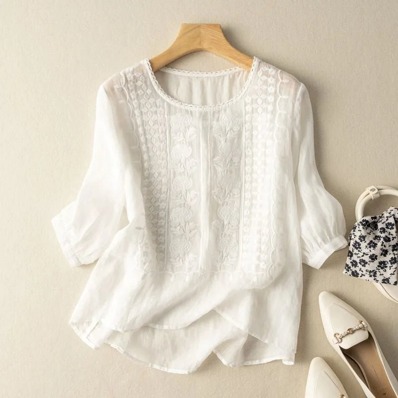 Women's Vintage Embroidered Blouse with Sheer Puff Sleeves