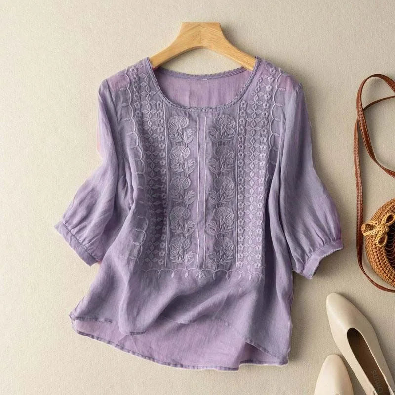 Women's Vintage Embroidered Blouse with Sheer Puff Sleeves