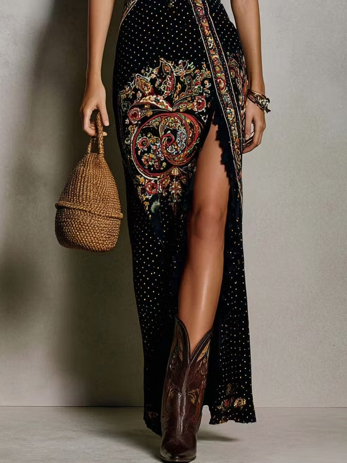 Robe maxi bohème brodée pour femme avec fente haute