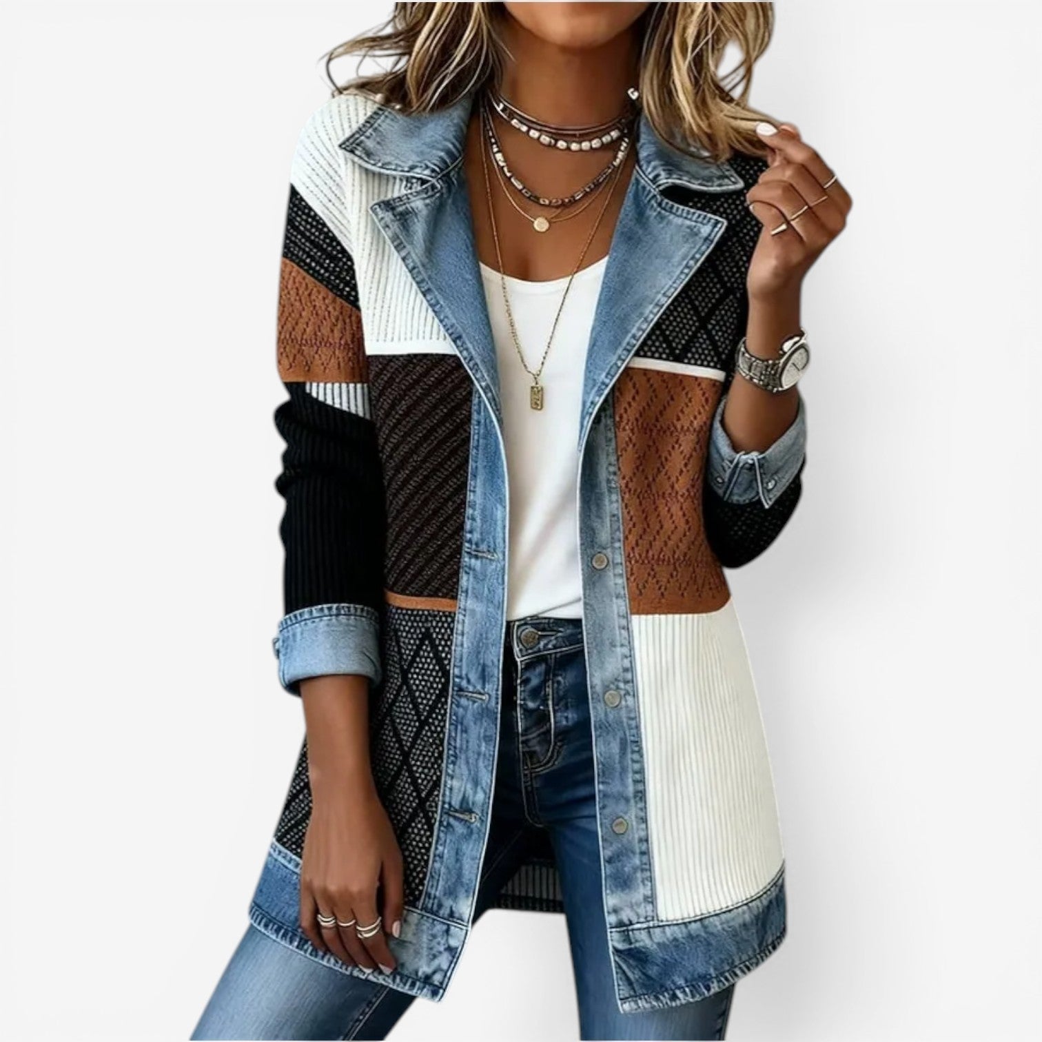 Women's Knit Denim Jacket with Textured Blend
