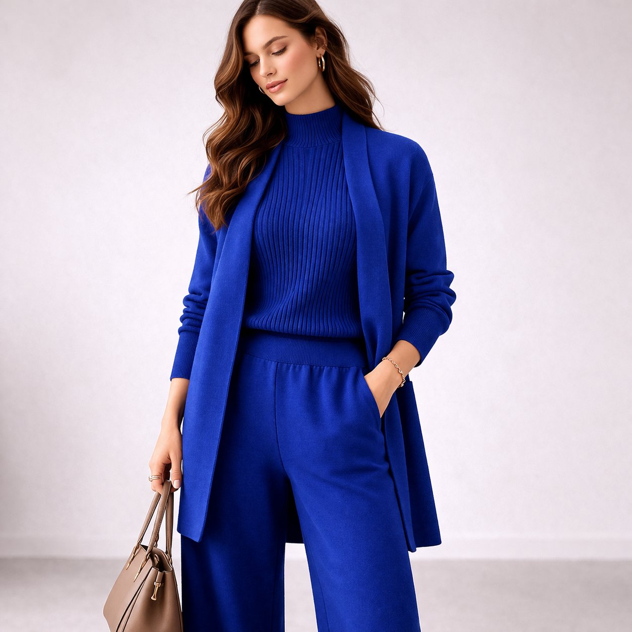 Γυναικείο πλεκτό σετ άνεσης 3 τεμαχίων με ζακέτα