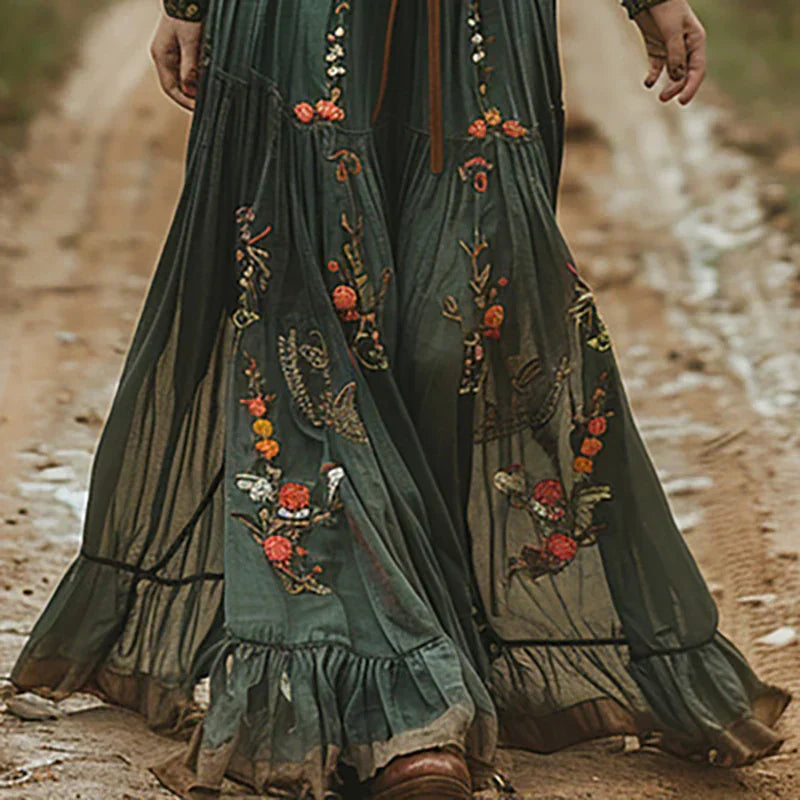 Women's Embroidered Long Sleeve Boho Maxi Dress