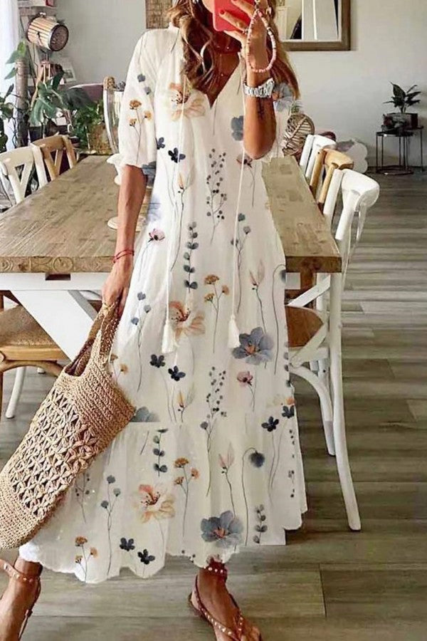 Robe maxi bohème à fleurs pour femme avec col en V et pompons