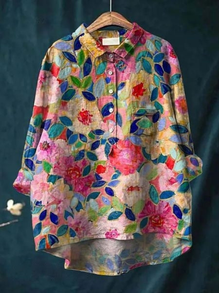 Printed Button-Up Shirt Women Loose Fit Floral Style