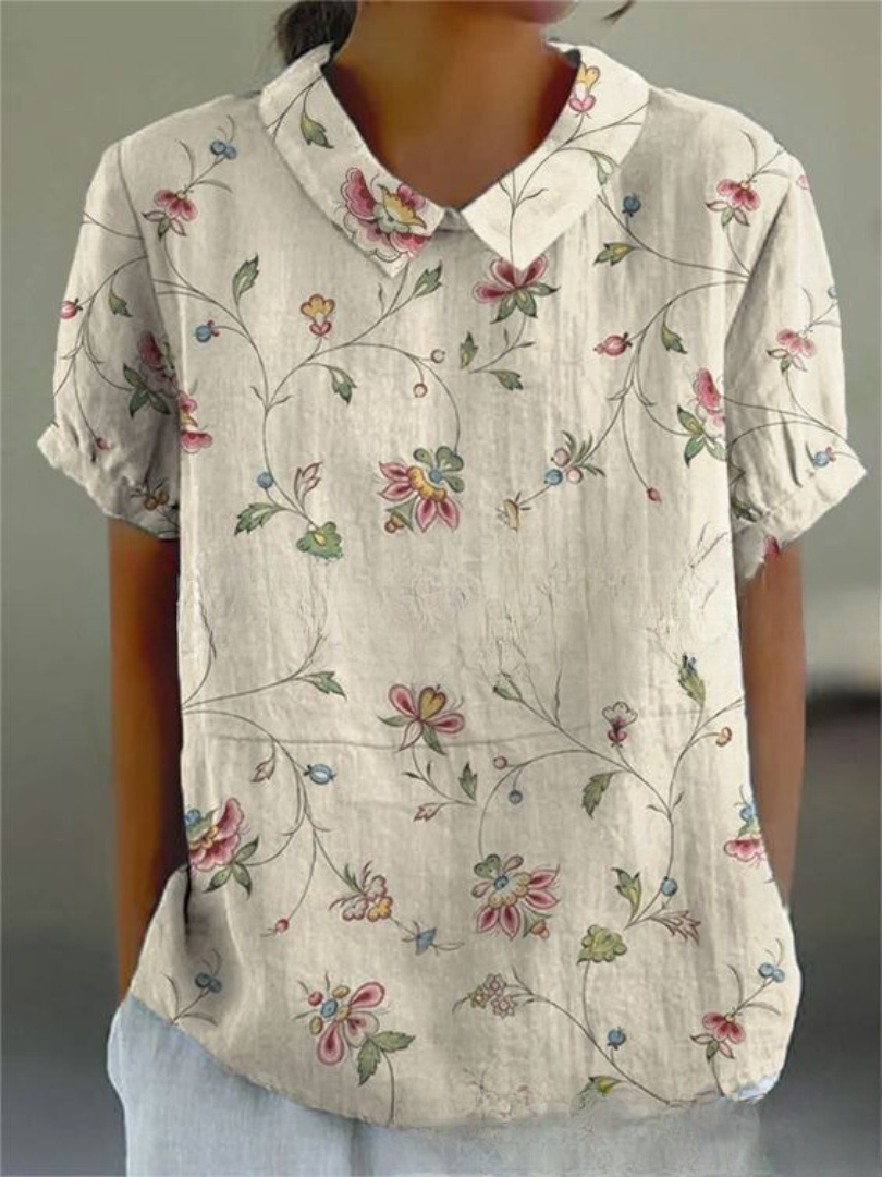 Vintage Floral Collared Short Sleeve Blouse for Women