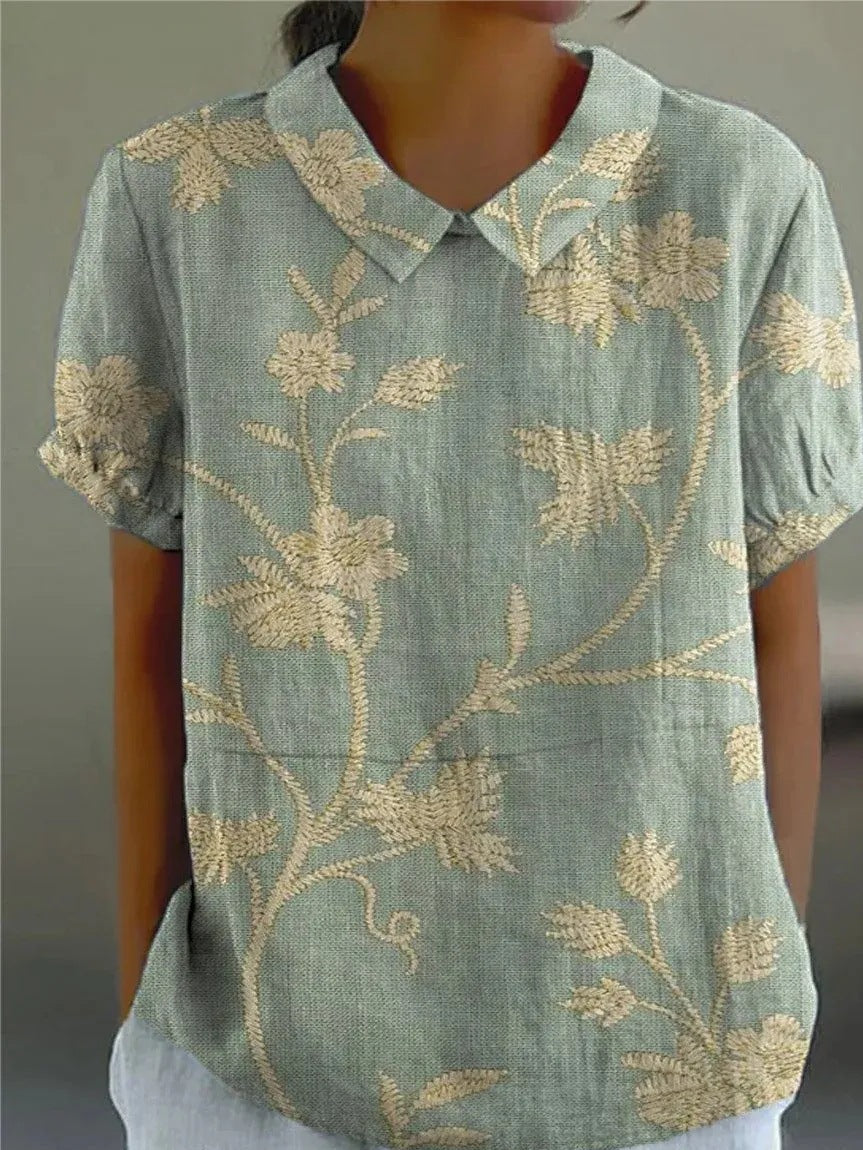 Vintage Floral Collared Short Sleeve Blouse for Women