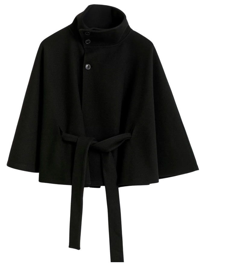 Women's Belted Cape Coat with Elegant Collar
