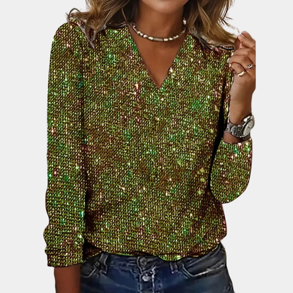Blusa da donna con paillettes e scollo a V, top scintillante