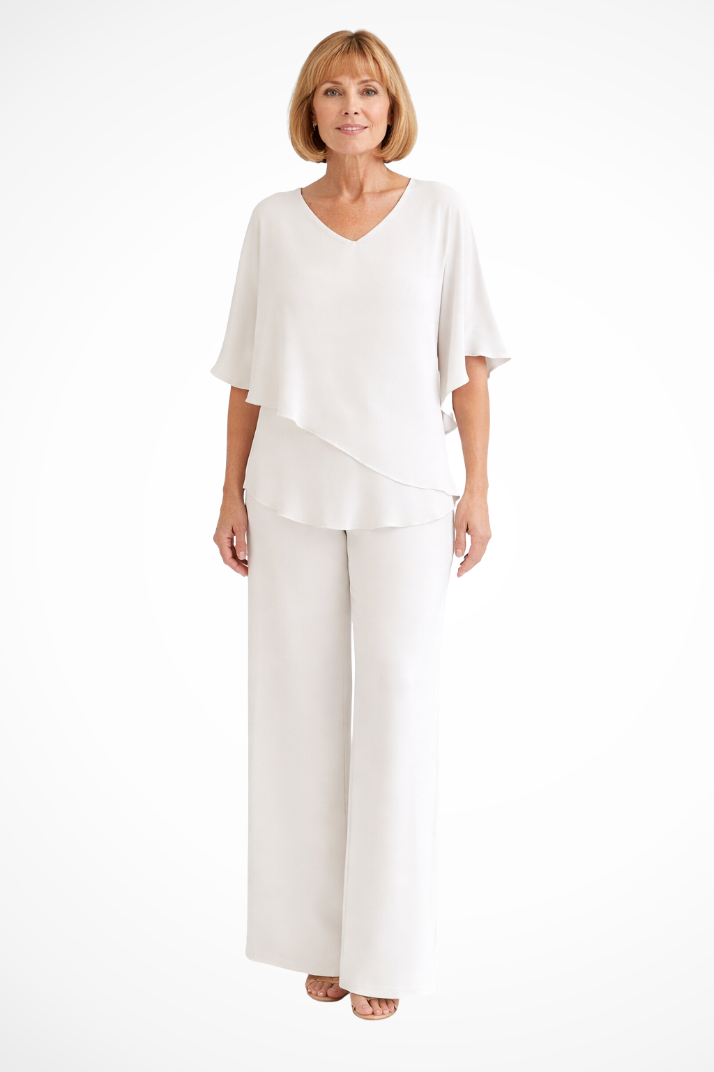 Ensemble élégant pour femme deux pièces : haut à col en V et manches chauve-souris, pantalon à jambes larges