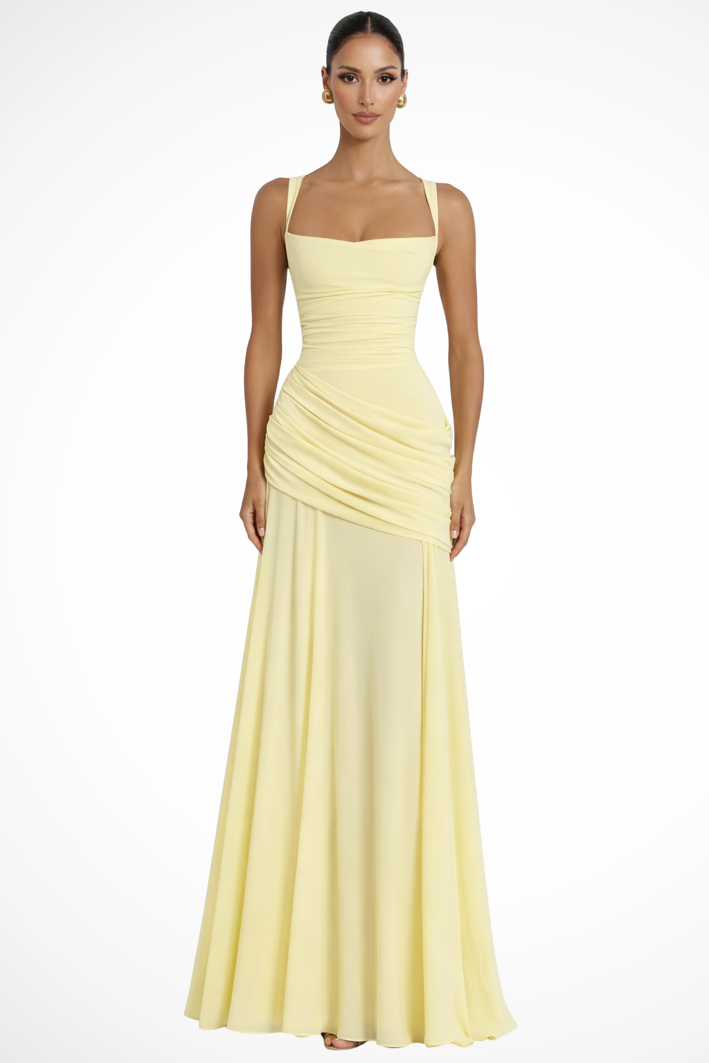 Robe longue élégante pour femme, col carré, froncée, coupe trapèze, pour invité de mariage