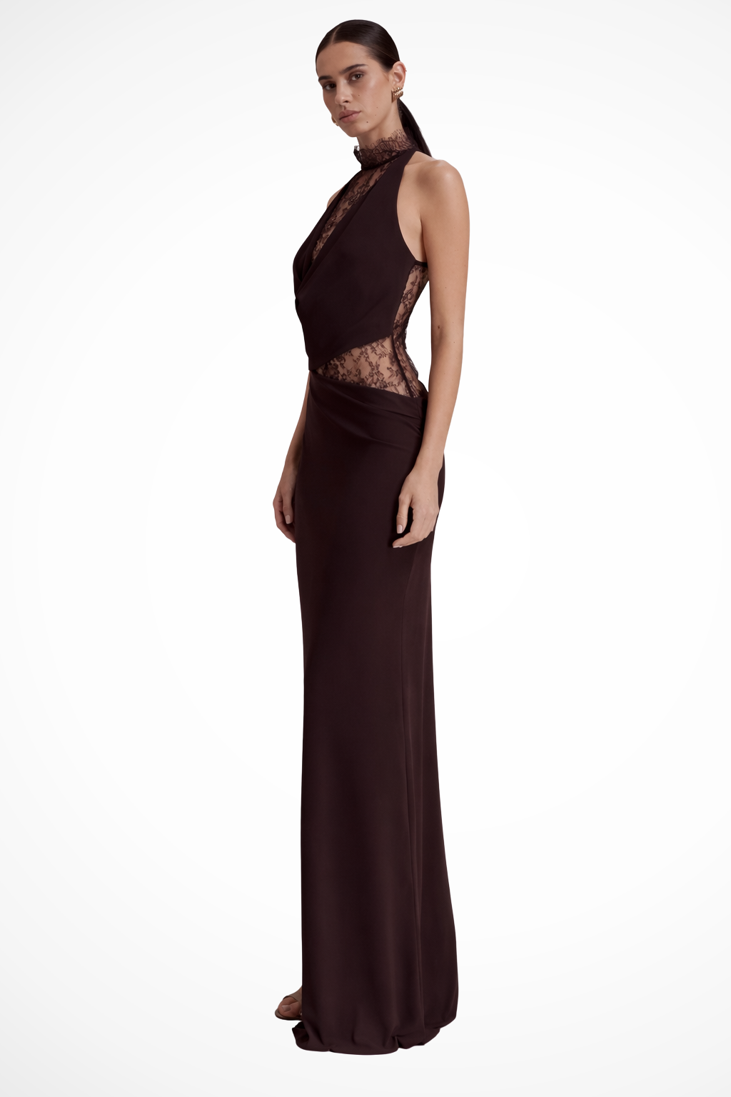 Robe longue sirène à col licou en dentelle pour femme