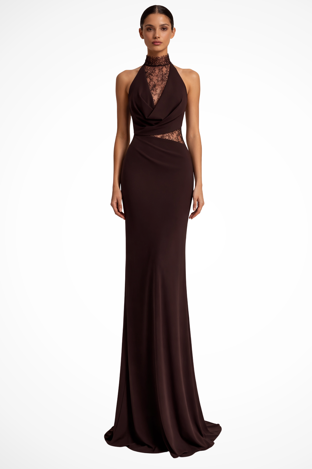 Robe longue sirène à col licou en dentelle pour femme