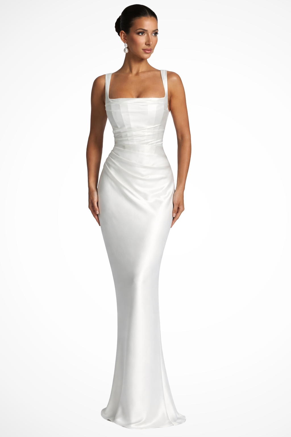Robe maxi en satin froncée pour femme avec col carré