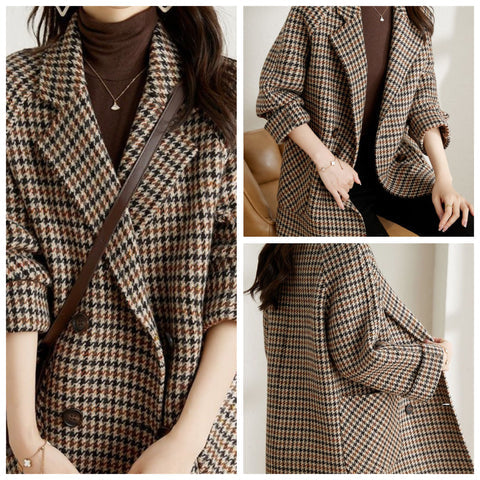 Women's Oversized Houndstooth Plaid Blazer
