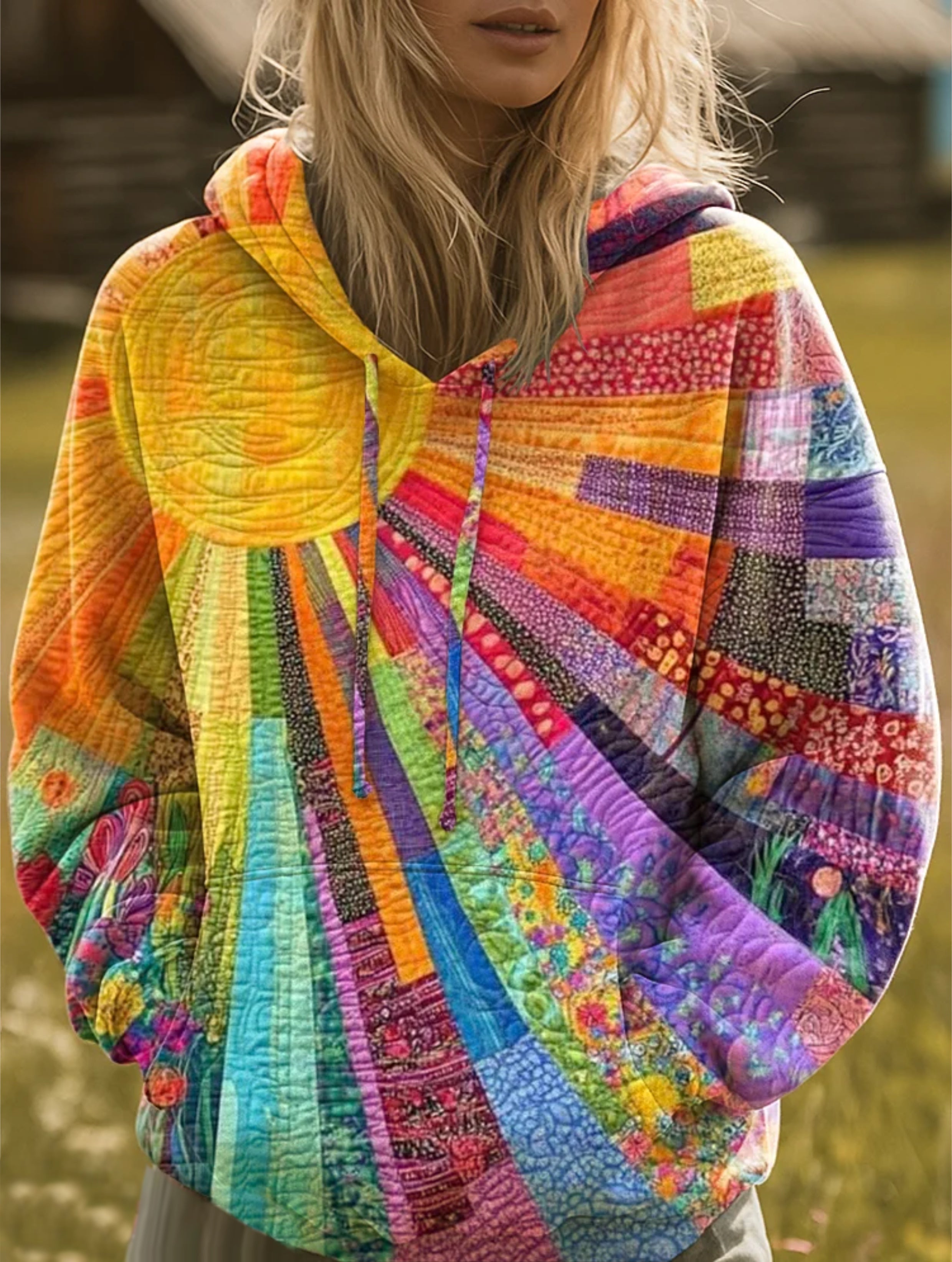 Women's Bohemian Multicolor Patchwork Hoodie