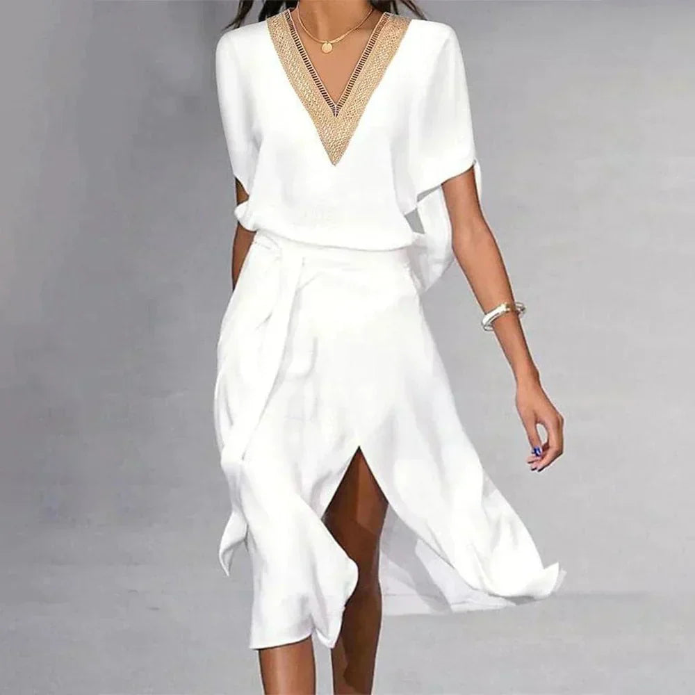 Women's Flowing Asymmetrical Hem V-Neck Midi Dress