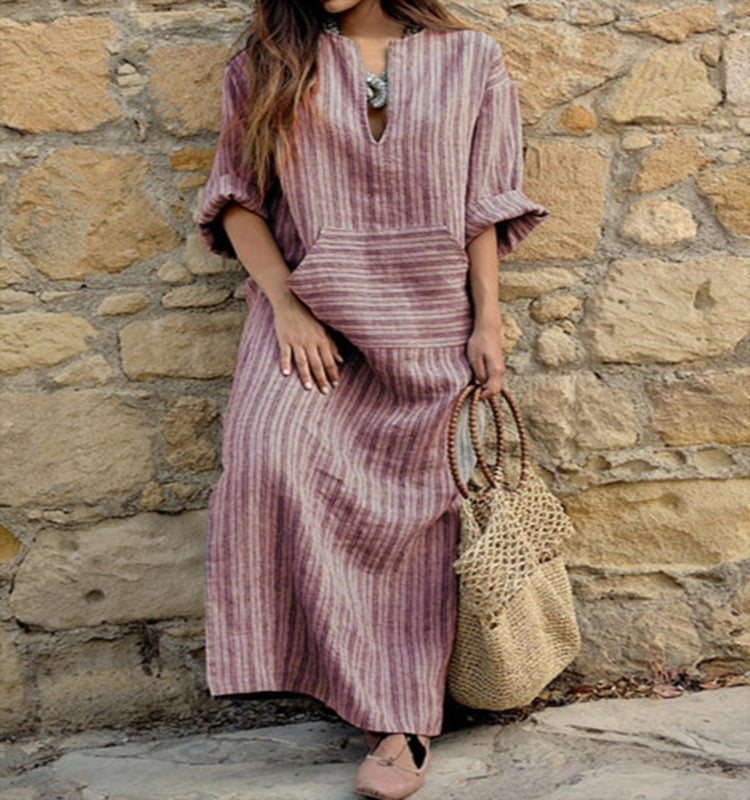 Women's Striped V-Neck Maxi Dress