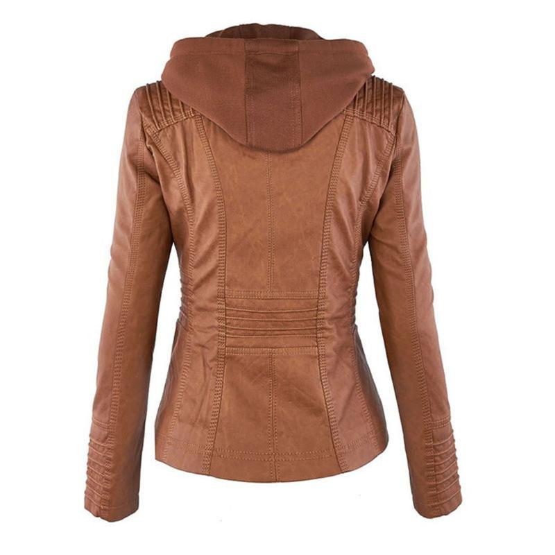 Giacca in pelle con cappuccio da donna con zip asimmetrica