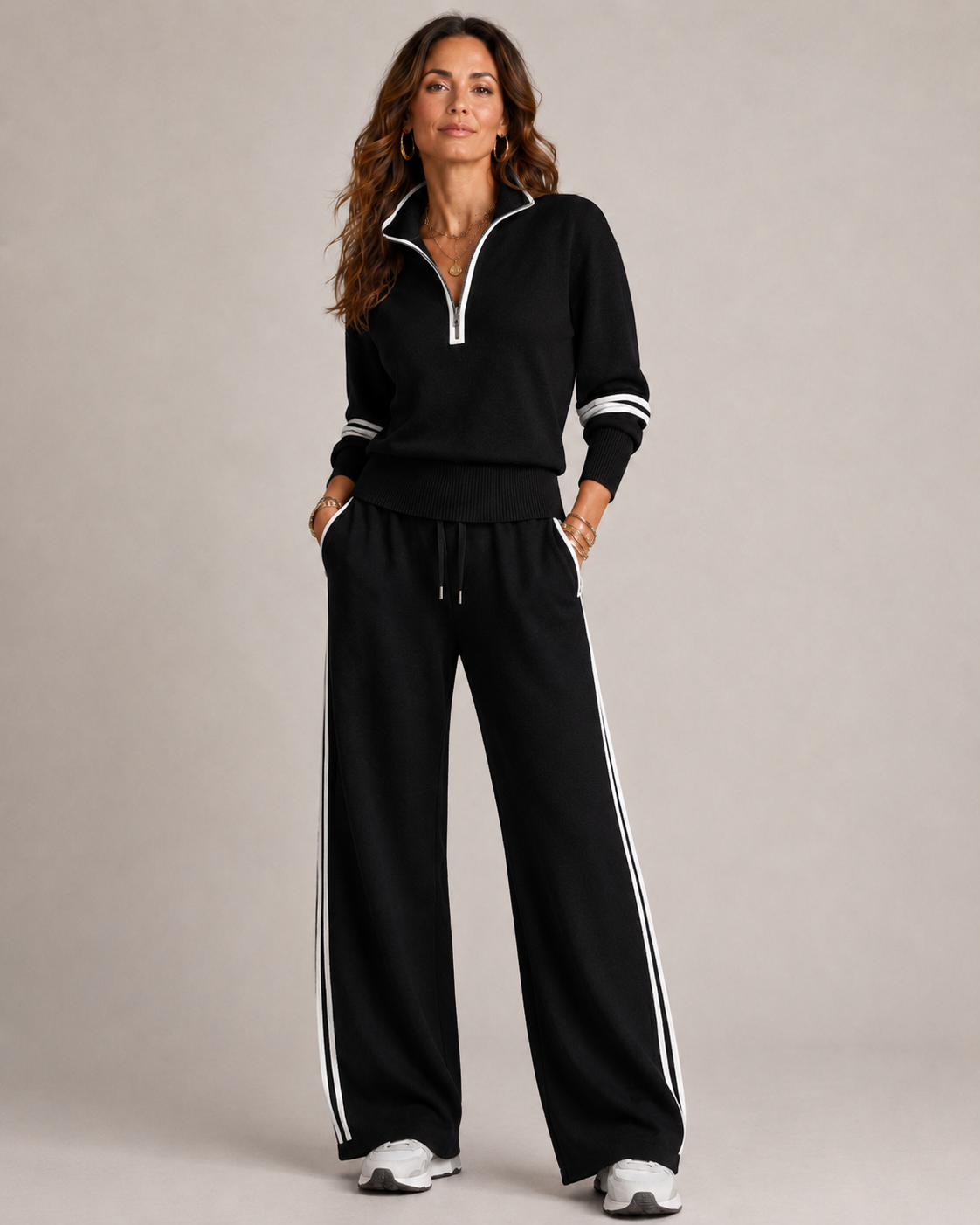 Conjunto de chándal para mujer con cremallera de un cuarto y pantalones a rayas